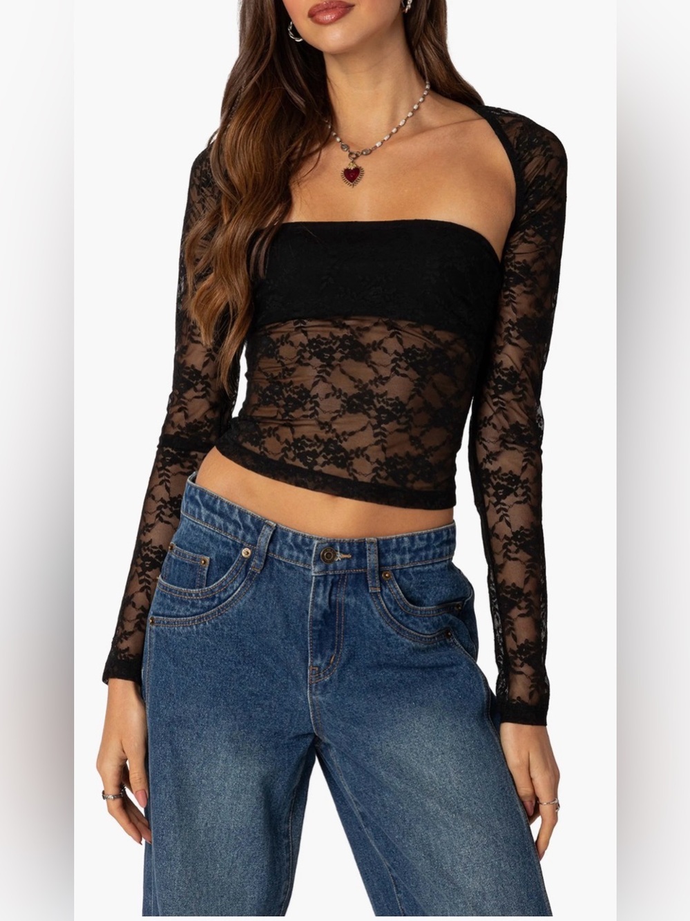 Edikted Black Sheer Lace Long-Sleeve Crop Top